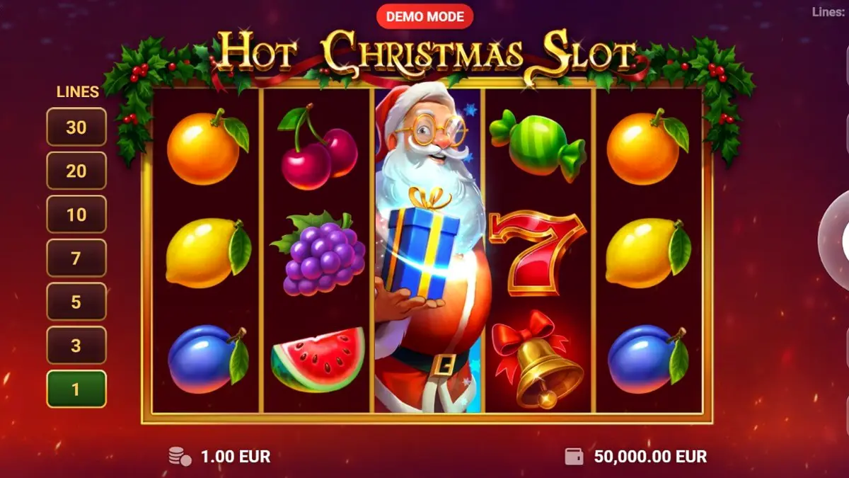 Tampilan visual retro dan meriah dari Hot Christmas Slot dengan simbol buah dan dekorasi Natal.